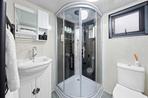 a bathroom with a shower and a toilet and a sink at Alpine Creek House and Cabin in Merrijig