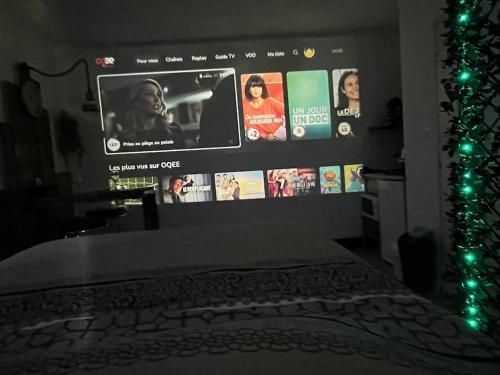 a bedroom with a wall with a large screen at Studio séance sur l'oreiller in Malmerspach