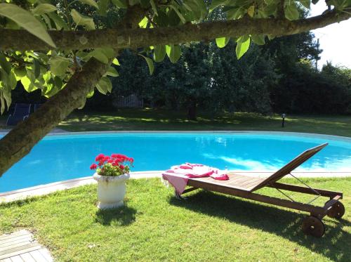 SonnacにあるLe Clos du Plantisのスイミングプール横のピクニックテーブル