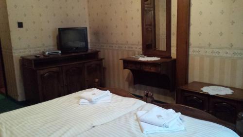 a bedroom with a bed and a tv and a dresser at Kocsis Panzió és Étterem in Komárom