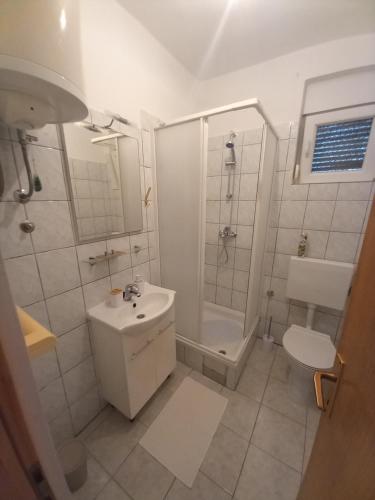 ein Badezimmer mit Waschbecken, Dusche und Toilette in der Unterkunft Peša Holiday Apartments in Zaton