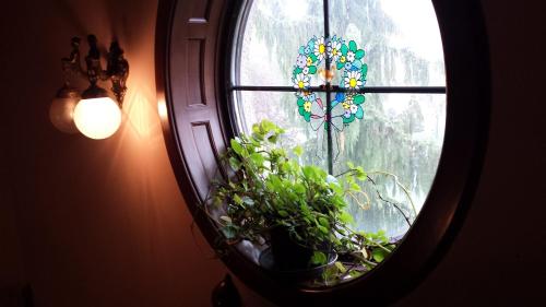 a round window with a potted plant in it at Kocsis Panzió és Étterem in Komárom