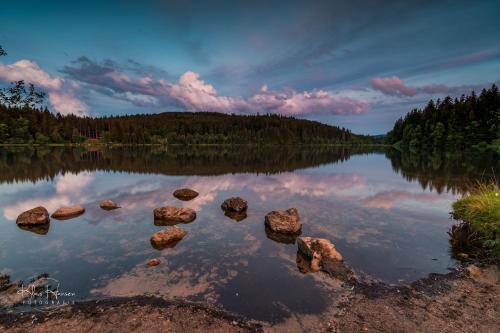a view of a lake with rocks in the water at Berghof Almzeit - Fewo "Philosophenstüble", Sauna, Todtnauberg, Feldberg in Todtnau