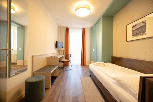 a hotel room with a bed and a desk at Hotel Pestalozzi Lugano in Lugano