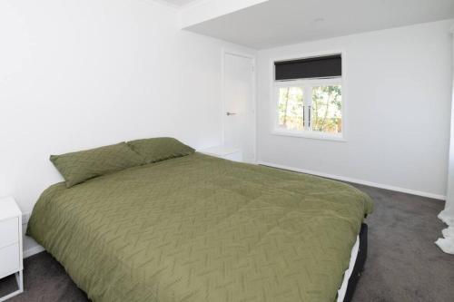 a bedroom with a green bed and a window at Panama paradise just 2 minutes from the square in Martinborough 