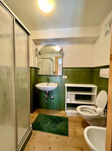 a green bathroom with a sink and a toilet at Residence Salvan in Corvara in Badia