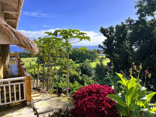 a view from the porch of a house with flowers at The Links in Rarotonga