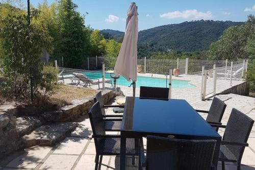 une table bleue et des chaises avec un parasol à côté d'une piscine dans l'établissement Bastide La Sauvagère, à Auribeau-sur-Siagne