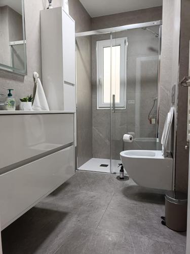 a bathroom with a shower and a sink and a tub at Bahía Ferry Tranquilo, con Parking y Desayuno Casero en el Centro in Santander