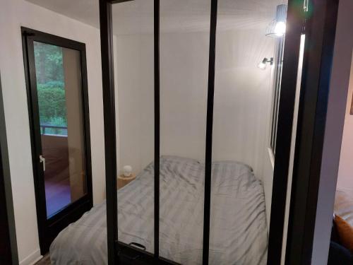 ジェクスにあるAppartement Cosy Parking Gratuitのベッドルーム(鏡、ベッド付)