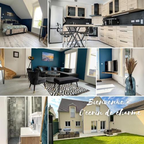 un collage de photos d'une cuisine et d'un salon dans l'établissement Chambre Escapade - SDB WC Privatif - Entrée autonome - Grande TV NETFLIX, à Compiègne