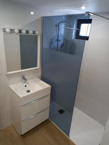 une salle de bain avec un lavabo et un miroir dans l'établissement Duplex au coeur des Pyrénées, à Bolquère-Pyrénées 2000