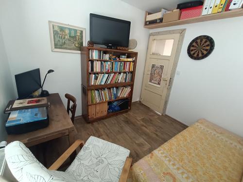 a living room with a tv and a book shelf at EN Homestay with private top floor, 3 bedrooms, bathroom, kitchenette, host stays downstairs with a cat and 2 small dogs --- CS Soukromé horní patro, 3 ložnice, koupelna, vařič, balkon - Přízemí sdílené s hostitelem, kočkou a 2 malými psy in Zlín