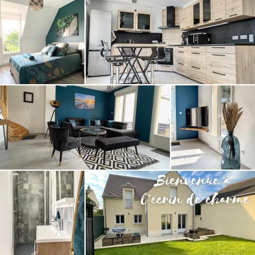 un collage de photos d'une cuisine et d'un salon dans l'établissement Chambre Evasion - SDB WC Privatif - Entrée autonome - Grande TV NETFLIX, à Compiègne