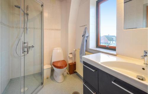 a bathroom with a toilet and a sink and a shower at 4 Bedroom Lovely Home In Bandholm in Bandholm