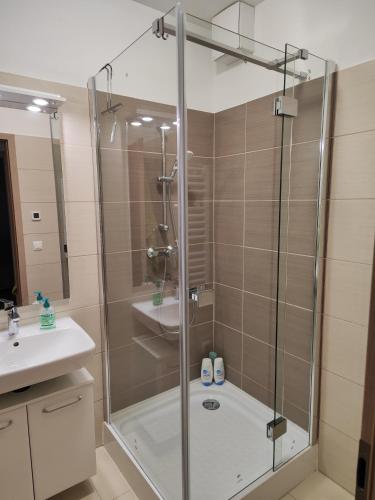 a bathroom with a shower and a sink at SUN-DIAL APARTMAN in Siófok