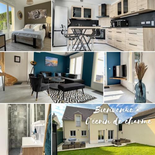 un collage de photos d'une cuisine et d'un salon dans l'établissement Chambre Sérénité dans maison au calme, à Compiègne