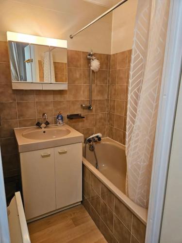 La salle de bains est pourvue d'un lavabo et d'une baignoire à côté d'un lavabo. dans l'établissement Appartement au coeur de Saint Lary Soulan, à Saint-Lary-Soulan