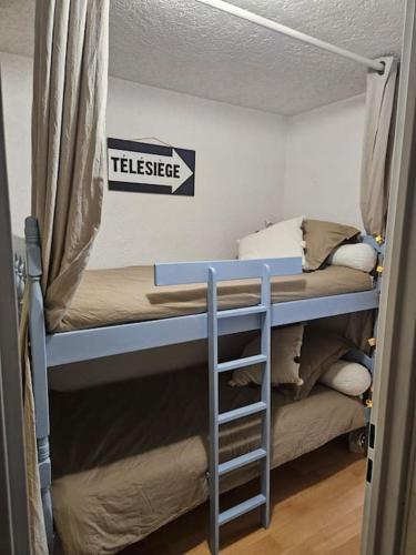 Ce lit se trouve dans un dortoir doté de 2 lits superposés et d'un panneau mural. dans l'établissement Appartement au coeur de Saint Lary Soulan, à Saint-Lary-Soulan