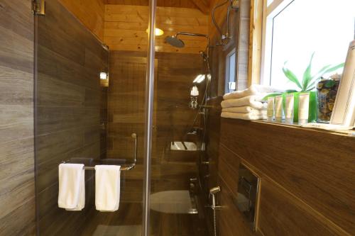 a bathroom with a shower with a glass door at Lotus an Eco Resort Konark in Konārka