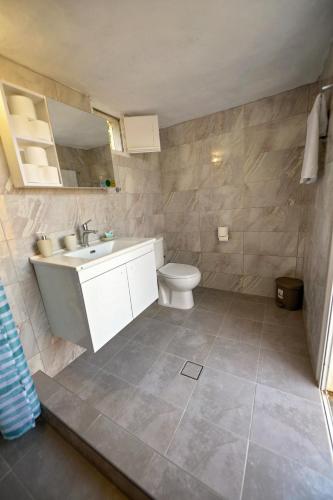 a bathroom with a sink and a toilet at Poppy's House in Emborios Kalymnos