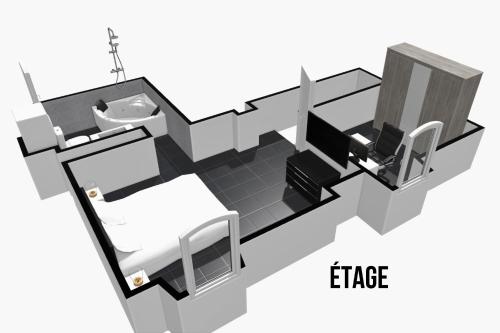 - un plan d'étage d'une chambre avec une table et une chaise dans l'établissement U Casone, B&W modern apartment, Spa, Wifi, Air-conditioning, Free parking, Decreasing prices, à Aghione