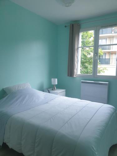une chambre avec un grand lit blanc avec une fenêtre dans l'établissement Location Blois, à Blois