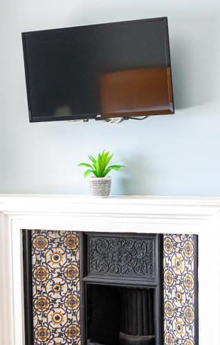 a flat screen tv above a fireplace with a plant at The Wellington Hotel in Ventnor