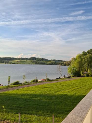 a grassy field next to a body of water at Apartma Ob jezeru in Gradišče v Slovenskih Goricah
