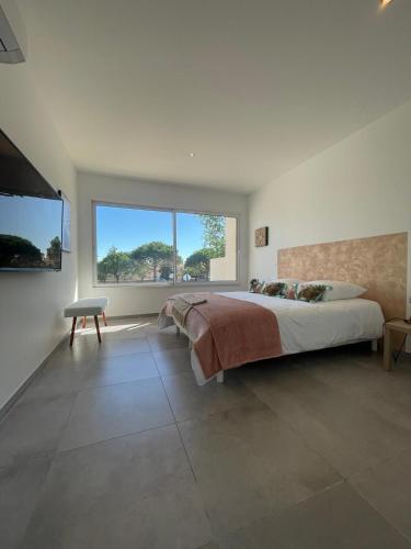 une chambre avec un grand lit et une grande fenêtre dans l'établissement Villa design Cap dAgde piscine et plage, au Grau-dʼAgde