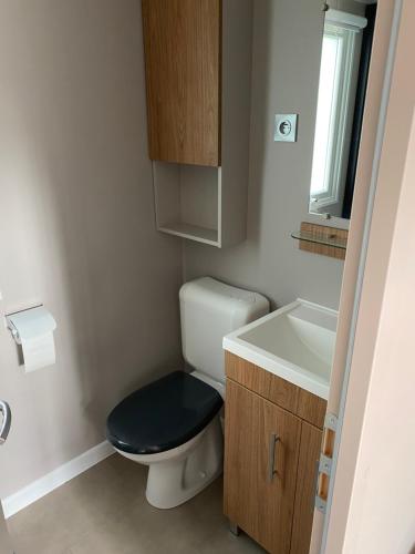 une petite salle de bain avec toilettes et lavabo dans l'établissement Mobil Home - Camping Les Oyats 4 étoiles, à Seignosse
