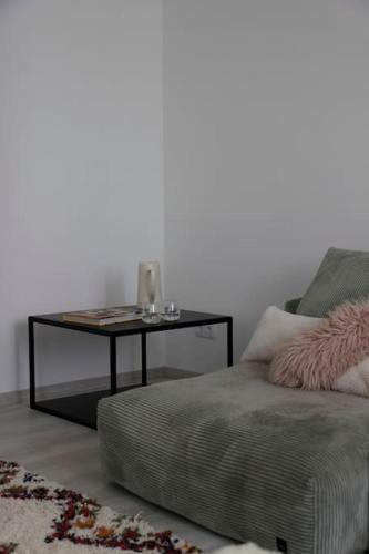 a room with a table with a bed and a coffee table with a tableastery at Schättihof in Müllendorf