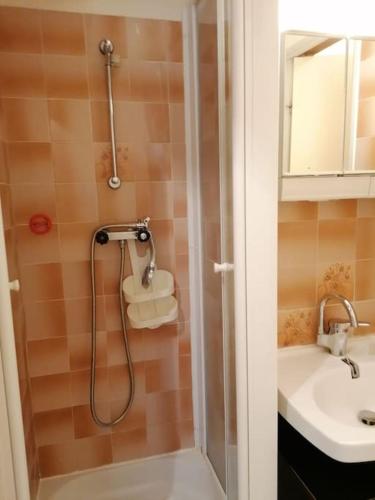 une salle de bain avec douche et lavabo dans l'établissement Repos, nature et famille, à Narbonne-Plage