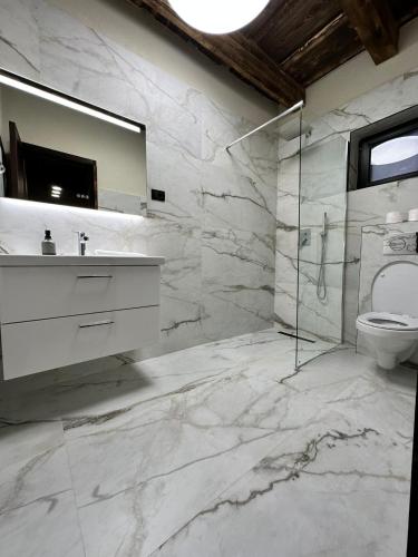 a marble bathroom with a sink and a toilet at Pensiunea Lorena in Bran
