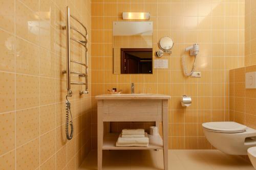 a bathroom with a sink and a toilet and a mirror at Pušynė in Birštonas