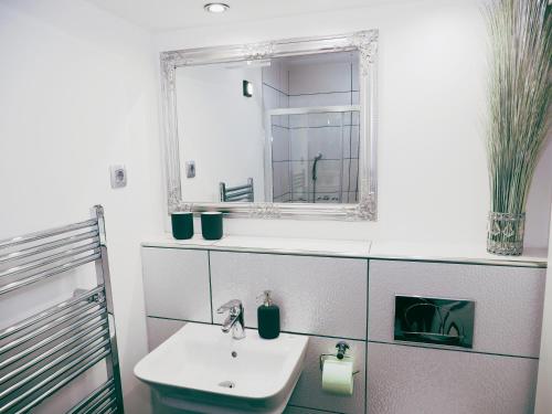 un baño con lavabo y espejo en Victoria's Place Apartment, en Liubliana