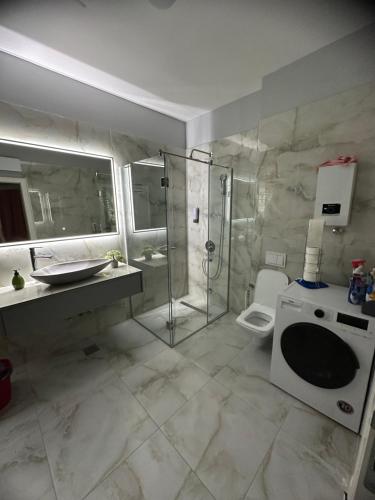 a bathroom with a shower and a sink and a toilet at Apartman S&V 4 Wellness & Spa Barda in Sarajevo