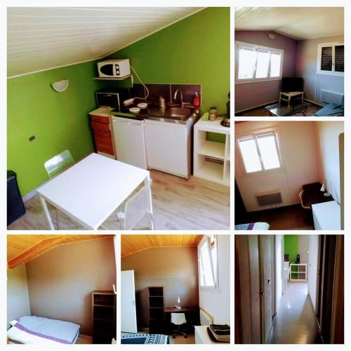 une série de quatre photos d'une cuisine aux murs verts dans l'établissement Rela, à La Motte-Servolex