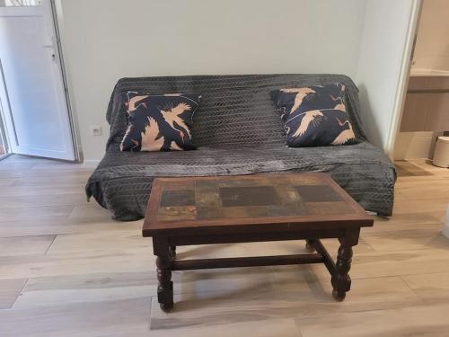 - un canapé avec des oreillers et une table basse dans le salon dans l'établissement Agde centre historique location de samedi à samedi, à Agde