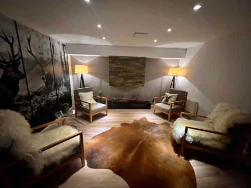 a living room with two chairs and a large rug at Alpha Rooms in Backnang