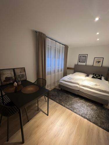 a bedroom with a bed and a desk and a table at Alpha Rooms in Backnang