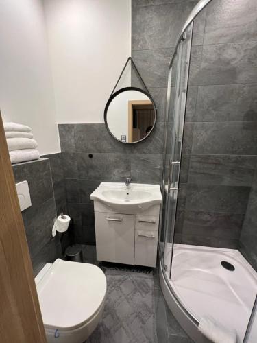 a bathroom with a toilet and a sink and a mirror at Alpha Rooms in Backnang