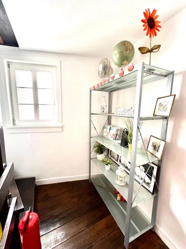 a room with a shelf with plants and a window at Hexenhäuschen Dreieichenhain in Dreieich