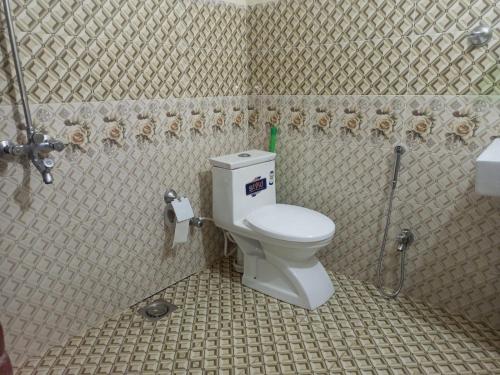 y baño con aseo en una pared de azulejos. en Luxury Moon Guest House, en Islamabad