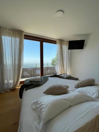 ein großes weißes Bett in einem Zimmer mit einem großen Fenster in der Unterkunft La planina in Prepotto