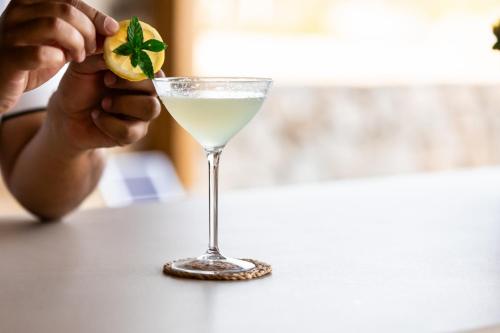a person holding a lemon in a cocktail glass at Il Giardino Grande - Dimora in Salento in Parabita