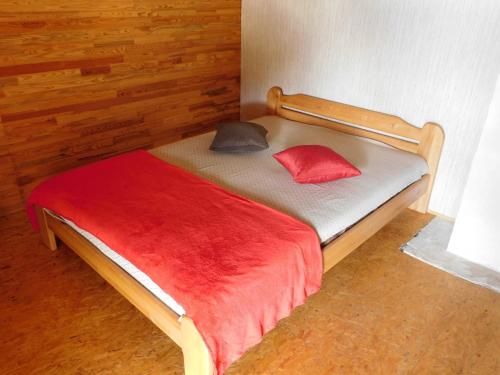 a bed with two red pillows on it in a room at Vecvanagi in Jaunmuiža