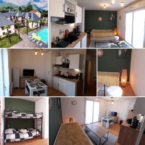 un collage de photos d'une chambre et d'un salon dans l'établissement Appartement du Mouflon Vert, dans résidence de tourisme 3 étoiles, à Lourdes