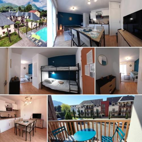 un collage de photos d'un appartement dans l'établissement Appartement de la Marmotte Cendrée, dans résidence de tourisme 3 étoiles, à Lourdes