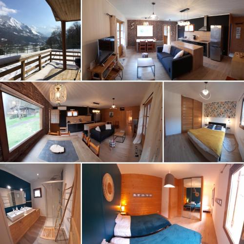 un collage de photos d'une chambre d'hôtel dans l'établissement Chalet de l'Ours Brun, gîte 3 étoiles, à Gère-Belesten